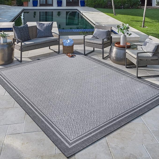 Gertmenian Indoor/Outdoor Flatweave Area Rug - 9x13 Extra Large, Stain & UV Resistant, Ideal For Deck, Patio, Poolside, Mudroom - Simple Border, Silver Grey, 21978