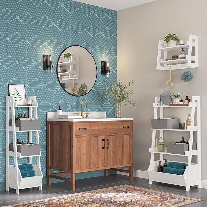 RiverRidge 2-Tier Ladder Shelf with Hooks - Versatile Storage Solution for Bathroom, Entryway, Nursery - White Painted Finish, Open Shelves & 4 Hanging Hooks – Easy Assembly Ladder Shelves