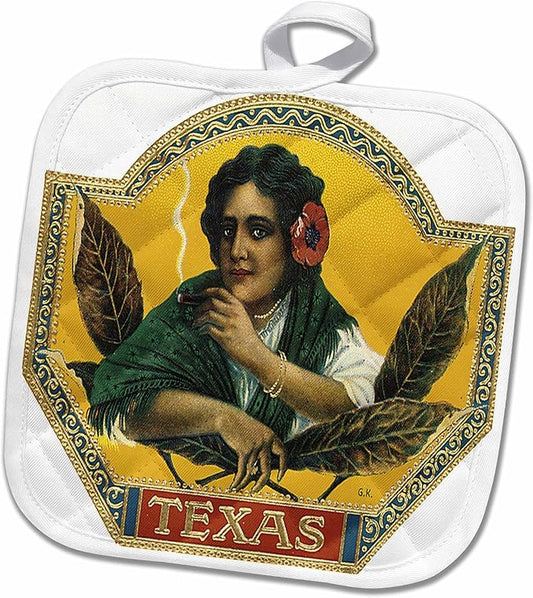 3D Rose PHL_127923_1 Vintage Texas Cigar Label Pot Holder, 8 by 8"