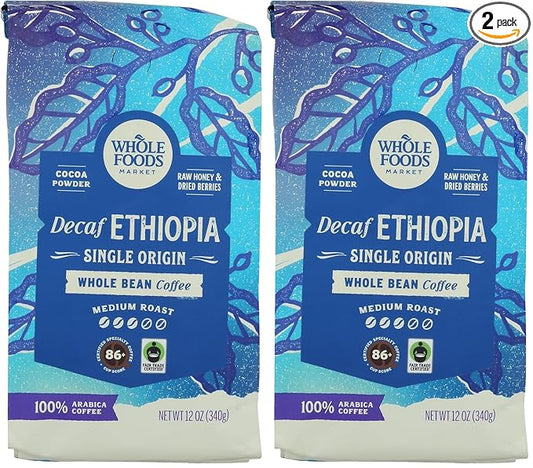 WHOLE FOODS MARKET Whole Bean Decaf Ethiopia Coffee, 12 OZ (Pack of 2)