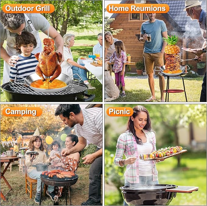 10 Inch Al Pastor Skewer for Grill, Stainless Steel Vertical Skewer Pan Vertical Rotisserie with 3 Removable Barbecue Skewers (8" 10" 12") Gloves and Mat for Tacos Al Pastor Shawarma Grill Oven Smoker