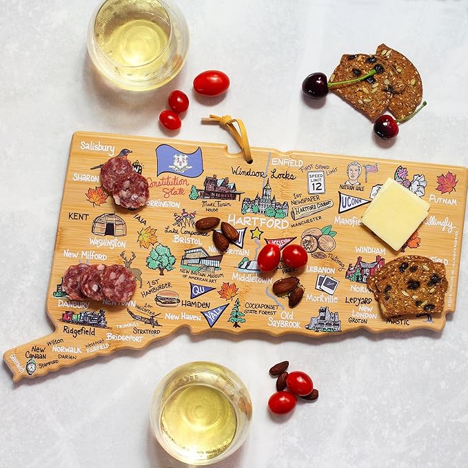 Totally Bamboo Connecticut State Shaped Cutting Board and Charcuterie Serving Platter with Artwork by Fish Kiss, Includes Hang Tie for Wall Display