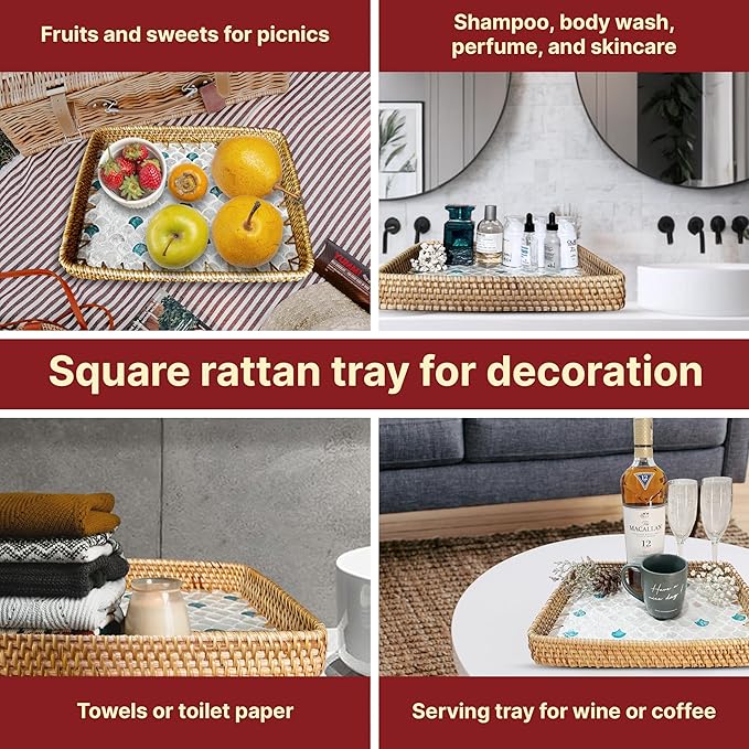 Rattan Rectangle Tray with Mother of Pearl Inlay, Unique Decorative and Serving Tray for Outdoor,Bathroom, Kitchen, Vanity, Perfume, or Coffee Table (Combo Fin 13"&11.8")