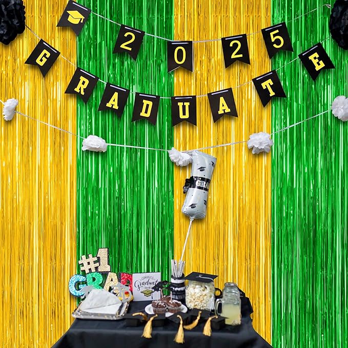 2 Pack Graduation Backdrop, Large Grad Decor 2026, Green Gold Graduation Photo Backdrop Fringe Curtains Party Streamer, Metallic Green and Gold Grad Decorations Class of 2026