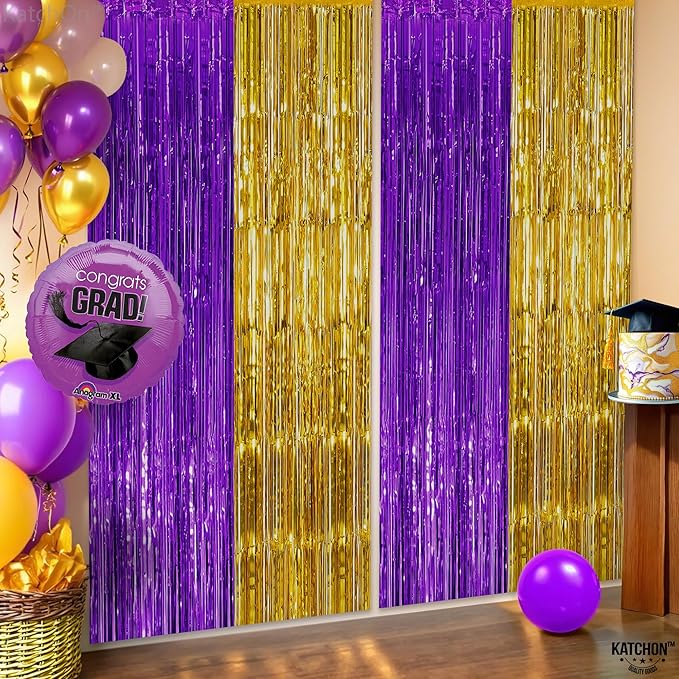 KatchOn, Purple and Gold Fringe Backdrop - 3.25 x 6.5 Feet, Pack of 2 | Purple and Gold Foil Fringe Curtain for Graduation Decorations 2026 | 2026 Graduation Party Decorations