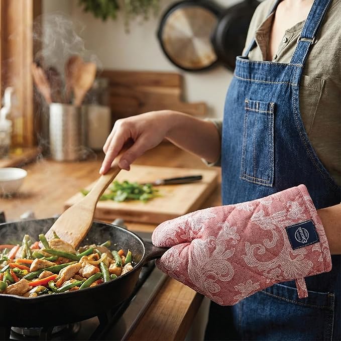 Encasa XO Heat Resistant 100% Cotton Oven Glove & Potholder Set with Loop, Kitchen Cooking Mittens, Microwave Safe Hot Pads (Floral Red)