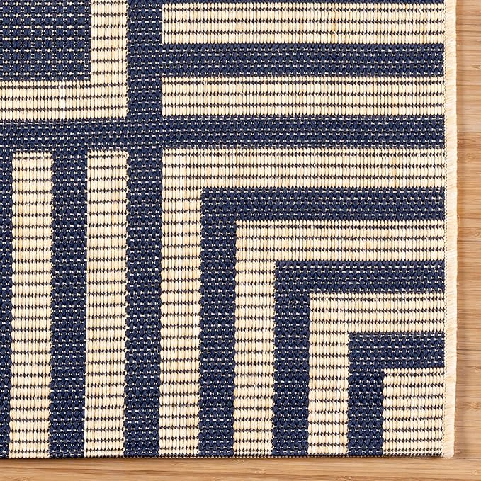 Gertmenian Indoor/Outdoor Flatweave Area Rug - 9x13 Extra Large, Stain & UV Resistant, Ideal for Deck, Patio, Poolside, Mudroom - Klano Striped Navy, Sand, 25418