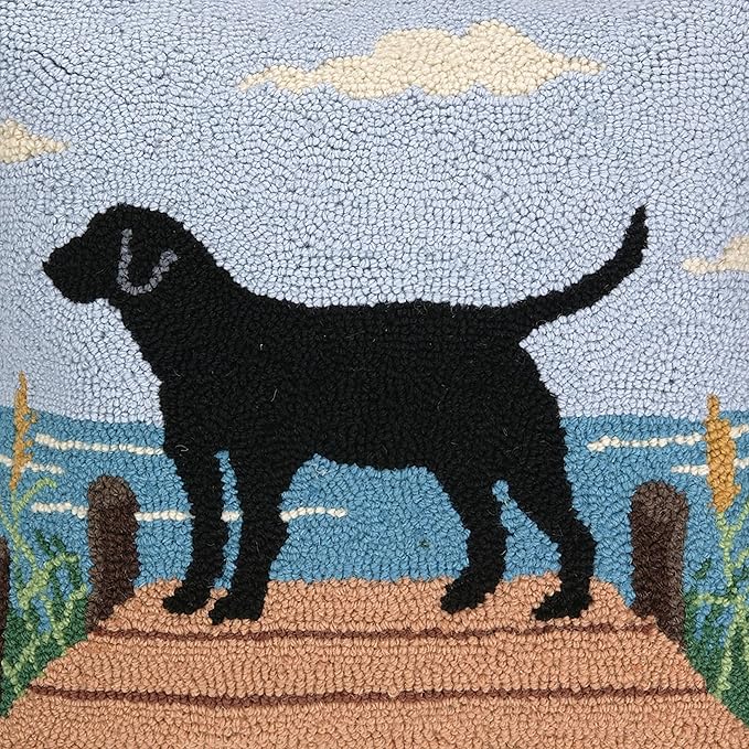 Black Lab on Dock Wool Hook Pillow for Lake House or Cabin by The Pillow Shoppe, 18" Square