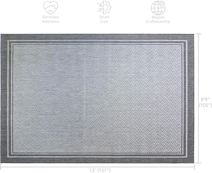 Gertmenian Indoor/Outdoor Flatweave Area Rug - 9x13 Extra Large, Stain & UV Resistant, Ideal For Deck, Patio, Poolside, Mudroom - Simple Border, Silver Grey, 21978