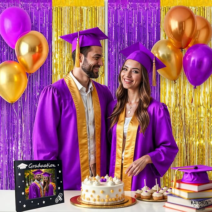 KatchOn, Purple and Gold Fringe Backdrop - 3.25 x 6.5 Feet, Pack of 2 | Purple and Gold Foil Fringe Curtain for Graduation Decorations 2026 | 2026 Graduation Party Decorations