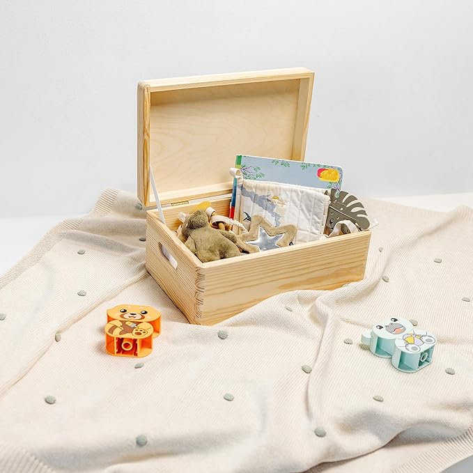Creative Deco Personalized Wooden Baby Memory Box Storage Box - Wild Animals | 11.8x7.87x5.51in (+-0.5) | Hinged Lid Handle Engraving | Unpainted Gift Box ROUGH UNSANDED Keepsake Memory Souvenir Chest