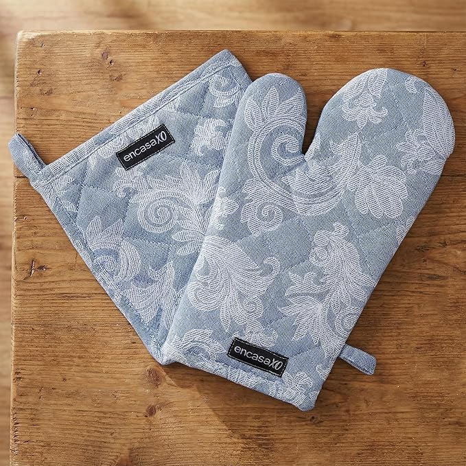 Encasa XO Heat Resistant 100% Cotton Oven Glove & Potholder Set with Loop, Kitchen Cooking Mittens, Microwave Safe Hot Pads (Floral Blue)