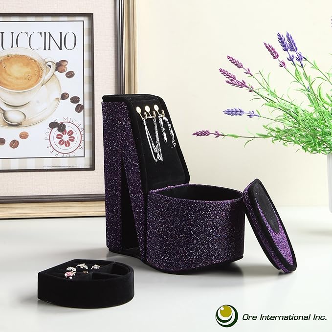 9" in Purple Iridescent Velvet High Heel Shoe Display W/Hooks Jewelry Box