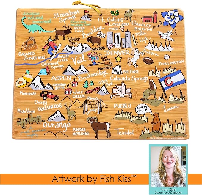 Totally Bamboo Colorado State Shaped Cutting Board and Charcuterie Serving Platter with Artwork by Fish Kiss, Includes Hang Tie for Wall Display