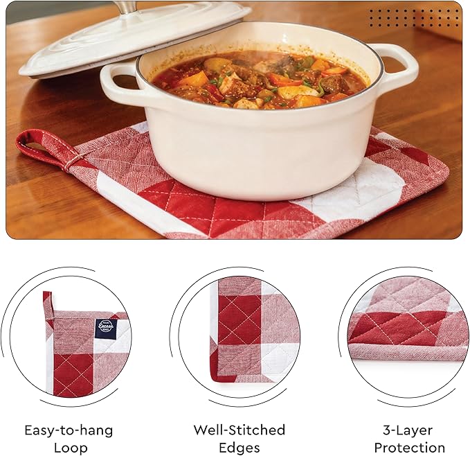 Encasa XO Heat Resistant 100% Cotton Oven Glove & Potholder Set with Loop, Kitchen Cooking Mittens, Microwave Safe Hot Pads (Buffalo Red Checks)