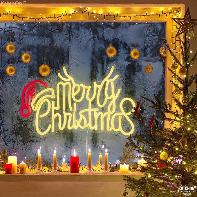 KatchOn, Large Merry Christmas Neon Signs - 16x10 Inch | Window Christmas Decorations Indoor | Xmas Party Decorations, Holiday Decor | Santa Hat Sign USB Powered LED Lights