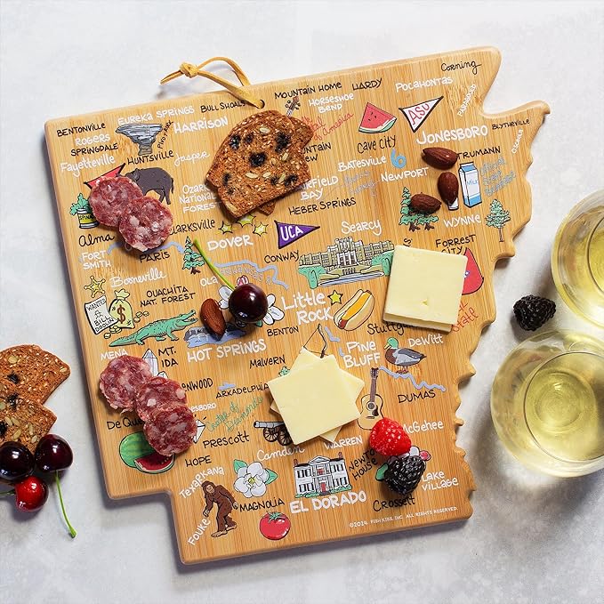 Totally Bamboo Arkansas State Shaped Cutting Board and Charcuterie Serving Platter with Artwork by Fish Kiss, Includes Hang Tie for Wall Display