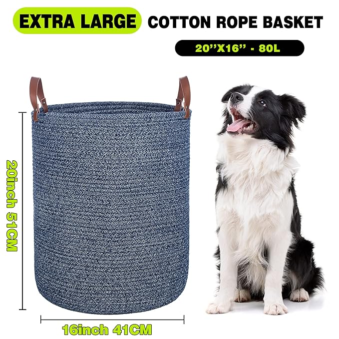 Twira Extra Large 20x16 Inches Cotton Rope Basket, Woven Baby Laundry Blanket Basket with Leather Handle Toy Basket Storage Baskets Bin for Yoga Mat & Towel (Blue）
