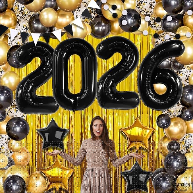 KatchOn, New Years Decorations 2026 Set - Huge, Pack of 85 | Black Gold Stars Balloon, Gold Fringe Curtain Backdrop, 2026 Balloons | New Years Eve Party Supplies 2026, Next Years Birthday Party Decor