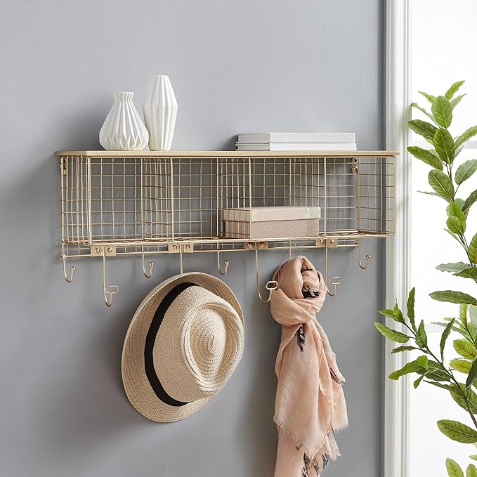 Linon Lanette Gold Metal Four Cubby Wall Shelf with Wood Shelf and Four Hooks