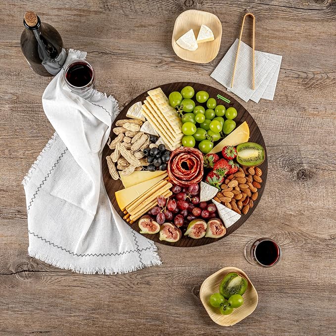 Restaurantware Cater Tek 13.8 Inch Charcuterie Boards 10 Faux Wood Cheese Boards - Round Stackable Dark Paper Cardboard Charcuterie Boards Disposable For Serving At Catered Events