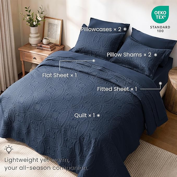 Love's cabin Queen Quilt Set Navy, Bed in a Bag Queen Size Bedding 7 Pieces, Ultrasonic Embossed Coin Pattern Comforter, Lightweight Bedspreads for All Seasons Quilt with Sheets, Pillowcases & Shams