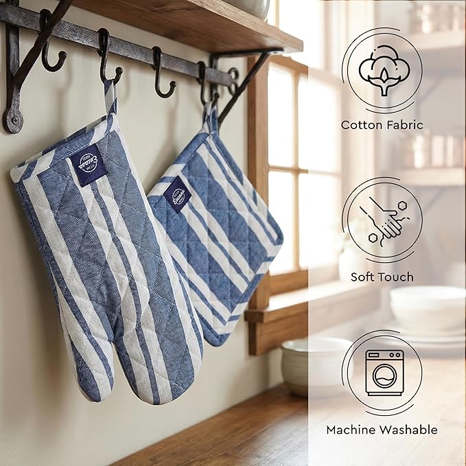 Encasa XO Heat Resistant 100% Cotton Oven Glove & Potholder Set with Loop, Kitchen Cooking Mittens, Microwave Safe Hot Pads (Franca Blue Stripes)