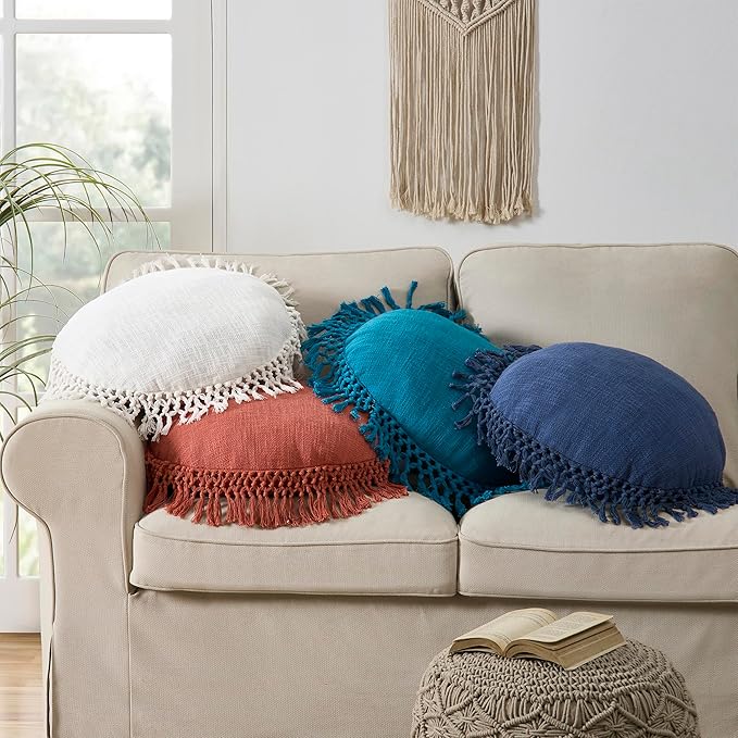 Indigo Ink Round White Decorative Throw Pillow with Tassels - 20" x 20" | Cotton Throw Cushion for Couch, Chair, Bed | Cute Home Decor | Soft Plush Filling | Tufted Medallion Collection, Bright White