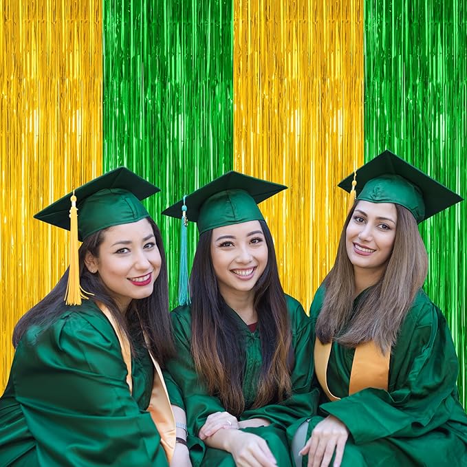 2 Pack Graduation Backdrop, Large Grad Decor 2026, Green Gold Graduation Photo Backdrop Fringe Curtains Party Streamer, Metallic Green and Gold Grad Decorations Class of 2026