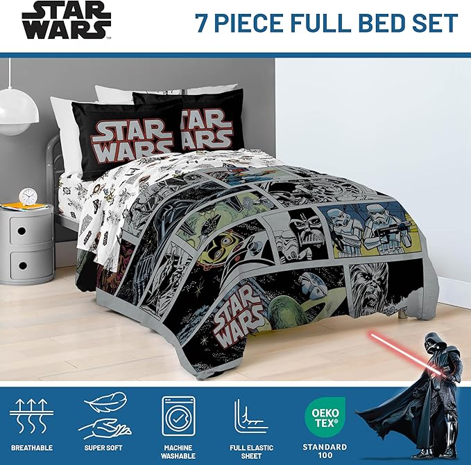 Jay Franco Star Wars Comic Book Full Size Comforter Set - 7 Piece Bedding Includes Sheet Set & Pillow Covers - Super Soft Cozy Kids Bedding