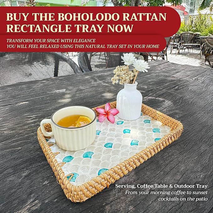 Rattan Rectangle Tray with Mother of Pearl Inlay – Unique Decorative Rattan Serving Tray for Coffee Table, Bathroom Vanity, Perfume & Nightstand – Ideals for Housewarming (Fin 11.8")