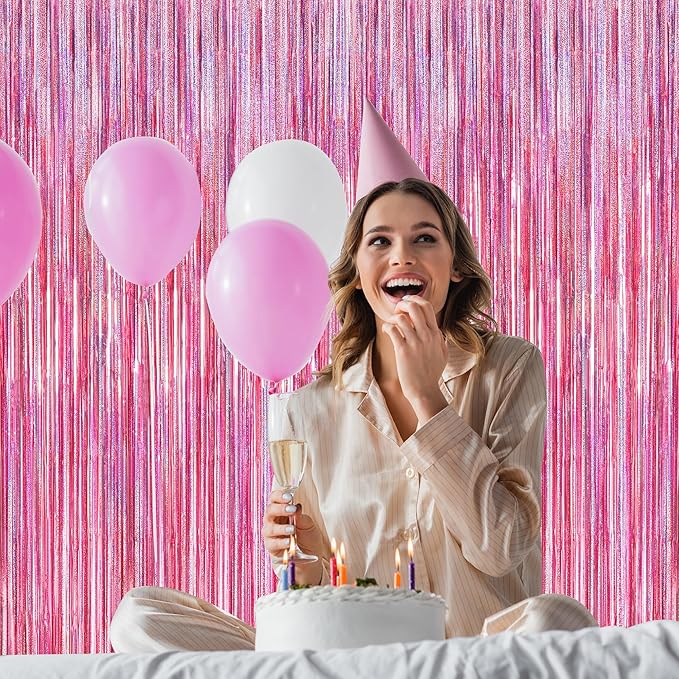4 Pack Pink Backdrop, 3.28 FT x7.05 FT Foil Fringe Curtains, Metallic Glitter Pink Streamer Fringe Backdrop Foil Curtains, Laser Pink Birthday Party Valentines Day Decorations Bachelorette Decor