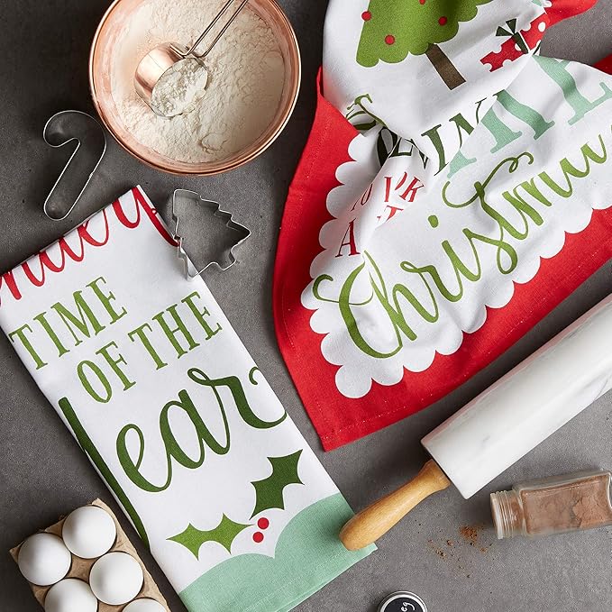 DII Holiday Kitchen Towel Set, Christmas Tea Towels for Baking, Cooking & Entertaining 18x28, Holiday Sayings, 2 Piece