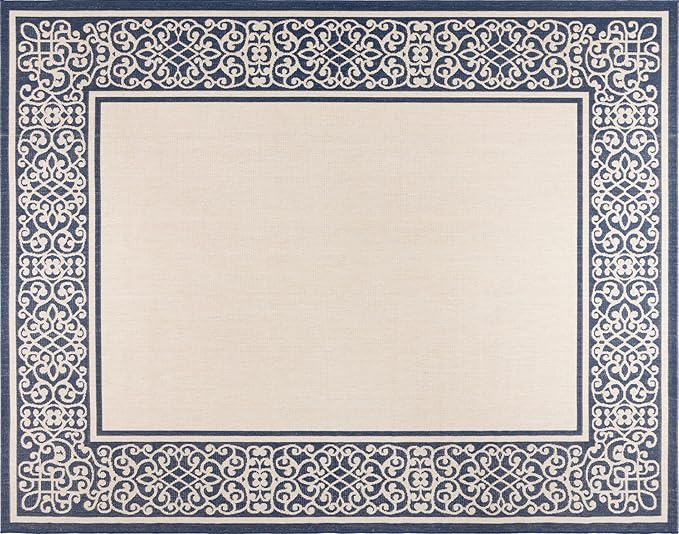 Gertmenian Indoor/Outdoor Flatweave Area Rug - 6x9 Medium, Stain & UV Resistant, Ideal For Deck, Patio, Poolside, Mudroom - Abstract Border, Navy Blue Tan, 22961