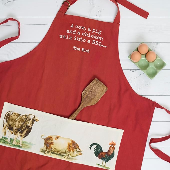Primitives by Kathy Funny Cooking & Grilling Apron with Pockets, 100% Cotton, Vintage Farm Animal Design, Embroidered Sentiment, Adjustable Neck and Waist, Machine Washable, Red