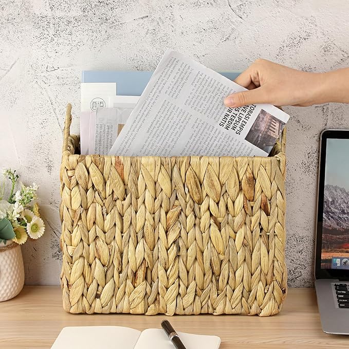 BTSKY Woven Magazine Holder, Water Hyacinth Magazine Basket, Natural Narrow Storage Basket Bin for Books & Files, Magazine Rack with Built-in-Handle for Home, Office & Desk - 12.1x5.6x10.9 Inch