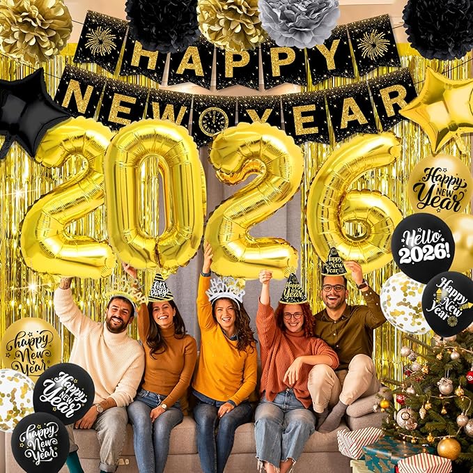 New Year Decorations 2026 - Black Gold Happy New Year Party Supplies Set include Banner, Balloons, Hats, Headbands, Glasses, Blowouts and Squawkers