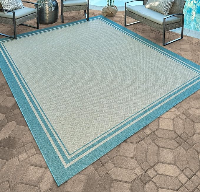 Gertmenian Indoor/Outdoor Flatweave Area Rug - 5x7 Standard, Stain & UV Resistant, Ideal For Deck, Patio, Poolside, Mudroom - Border, Aqua Blue, 21563