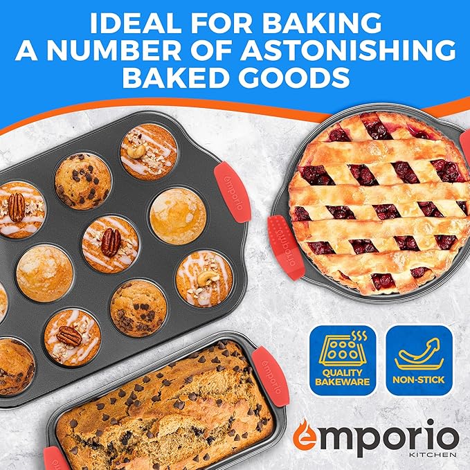 Emporio Kitchen Baking Pan Set - Nonstick Coating, Carbon Steel Bakeware Set with Red Silicone Handles, PFOA, PFOS, PTFE Free, Recipe Booklet Included, Oven Safe Tray (Up To 450° F), Set of 25 - Black