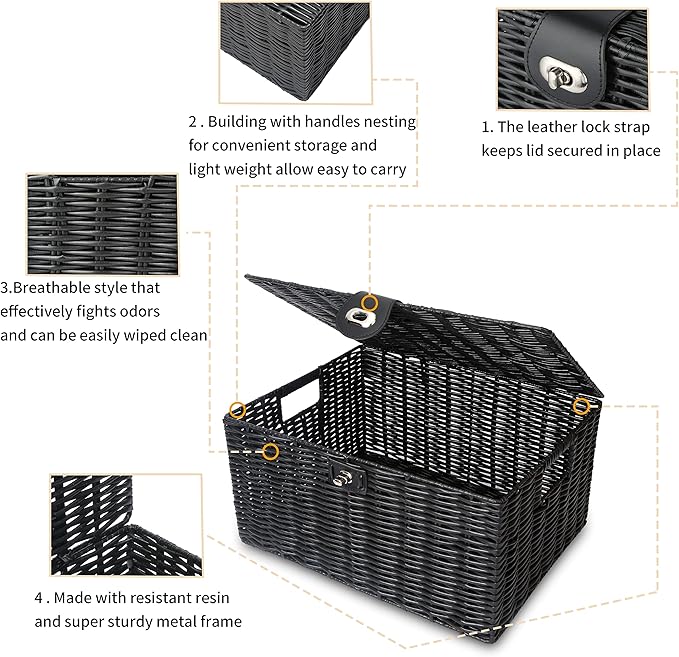 Honygebia Black Wicker Storage Baskets - Set of 3 Decorative Nesting Boxes with Lids, Woven Basket with Lock & Handle, Organizer for Beauty Makeup Bathroom Decor