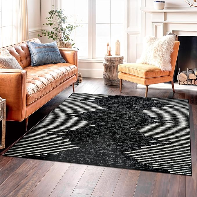 Rugshop Bohemian Stripe Stain Resistant High Traffic Living Room Kitchen Bedroom Dining Home Office Square Area Rug 6'6" x 6'6" Black