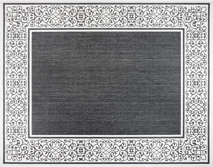 Gertmenian Indoor/Outdoor Flatweave Area Rug - 5x7 Standard, Stain & UV Resistant, Ideal For Deck, Patio, Poolside, Mudroom - Abstract Border, Dark Grey White, 22946