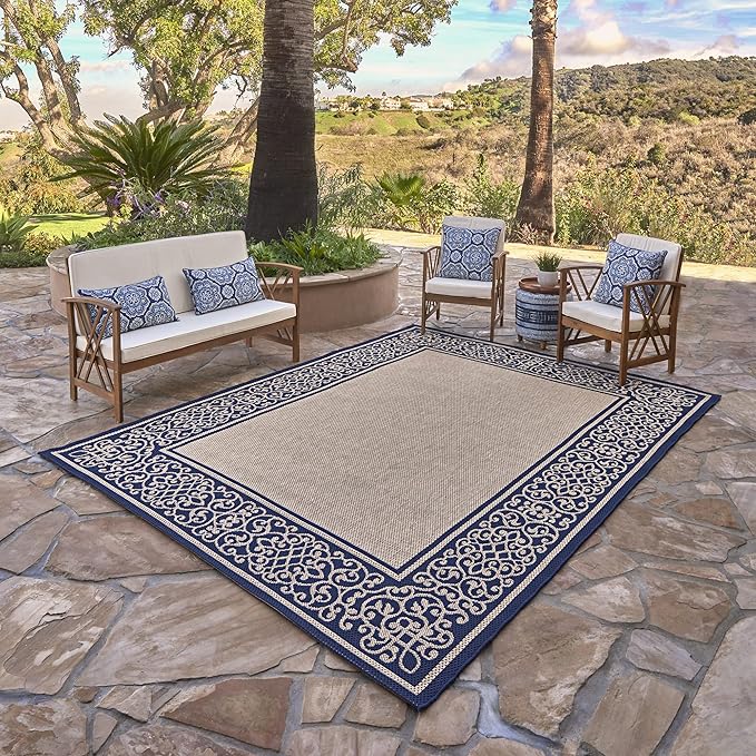 Gertmenian Indoor/Outdoor Flatweave Area Rug - 6x9 Medium, Stain & UV Resistant, Ideal For Deck, Patio, Poolside, Mudroom - Abstract Border, Navy Blue Tan, 22961