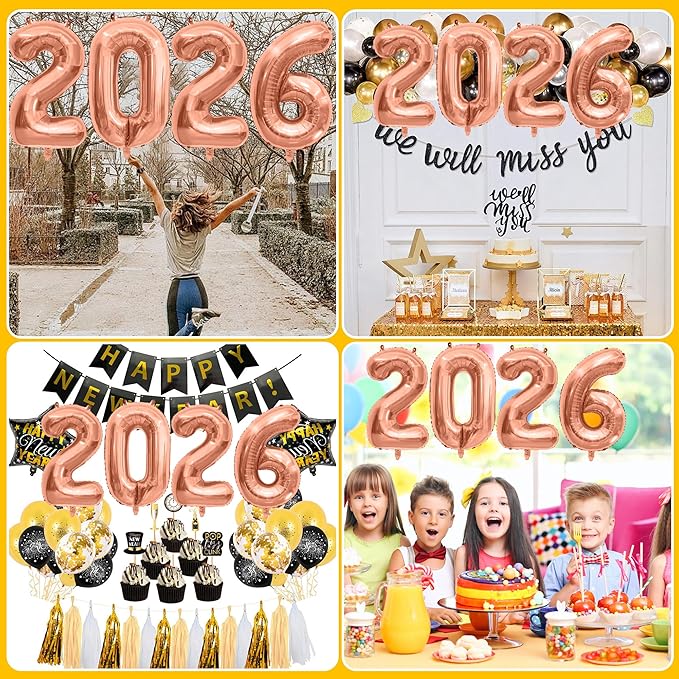 2026 Balloons New Years Decorations - 40" Large Rose Pink Foil Number Balloon New Years Eve Party Supplies Graduation Balloons Class of 2026 Happy New Year Birthday Anniversary Graduation Decorations
