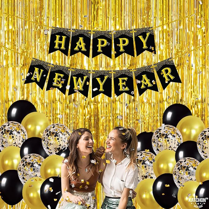 KatchOn, New Years Eve Party Supplies 2026 - Huge, Pack of 29 | Happy New Year Banner, Gold Fringe Backdrop Curtain, New Year Balloons Latex for New Years Decorations 2026 | Nye Decorations 2026