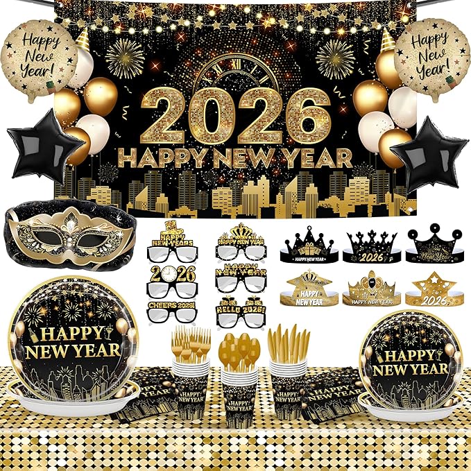 KatchOn, Huge New Years Eve Party Supplies 2026 - Pack of 231 | Wall Banner, Plates, Napkins, Tablecloth, Hats, Table Cover & Balloons For Happy New Year Decorations | New Years Eve Decorations 2026