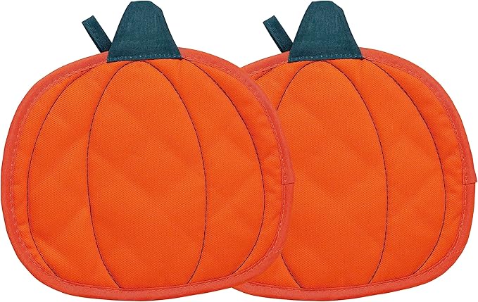 Pearhead Pumpkin Trivets Set of 2, Heat-Resistant Fabric Hot Pads with Hanging Loops, Autumn Table Protectors for Cooking, Baking, Serving, and Festive Fall Kitchen Décor Accessories