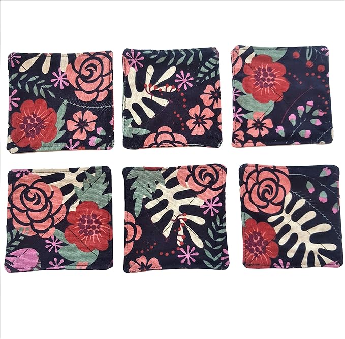 CUSHYSTORE Canvas 2 Layers Coasters Saucers Absorbant Mat Pad Floral Botanical Style Fabric for Glass Cup Drinking 4inche, 6 Pack (Navy Exotic Flowers), Navy Blue