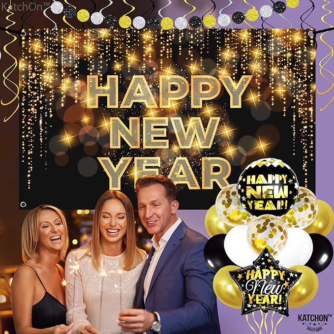 KatchOn, Black and Gold New Years Decorations 2026 - Huge Pack of 50 | New Year Banner and New Year Balloons for New Years Eve Party Supplies 2026