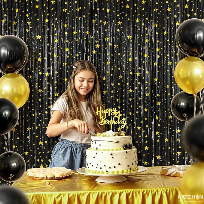 KatchOn, XtraLarge Black Streamers, Pack of 2 | Star Fringe Backdrop for Black Birthday Decorations | Tinsel Backdrop for New Years Decorations 2026 | NYE 2026, New Years Eve Party Supplies 2026